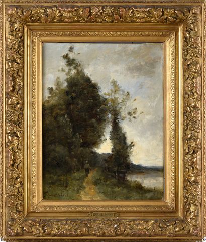 Paul Désiré TROUILLEBERT (1829-1900) Promenade en bord de rivière
Huile sur toile.
Signée...