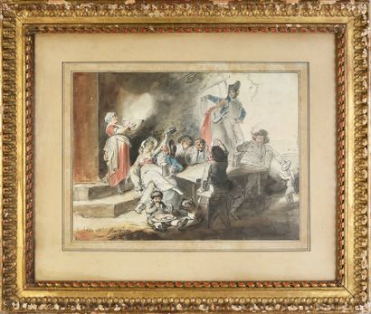 ECOLE ANGLAISE DU XIXe SIÈCLE Tavern scene
Watercolor on ink line.
Trace of signature...