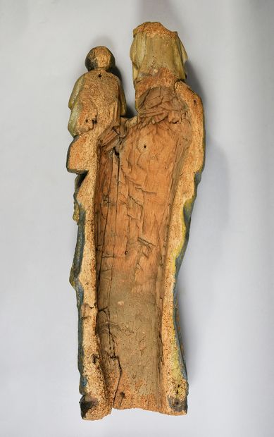 École française, XIVe siècle Vierge à l'Enfant en bois sculpté et polychromé, dos...