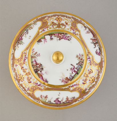 null Porcelain bowl and cover in the style of Meissen Mark in blue with two crossed...