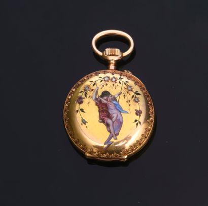 null Neck watch in 750th gold, the reverse finely enamelled in reserve with Spring...