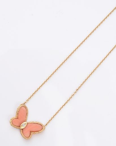 null Necklace in gold 750e, with a butterfly with pink coral wings, the body set...