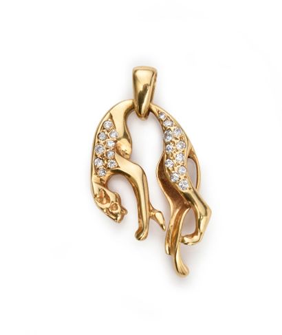 null Pendant in gold 750e, with a panther design, set with diamonds on one side....