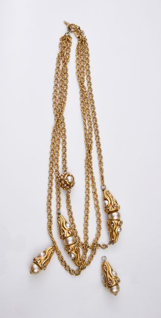 ALEXIS LAHELLEC Paris Long necklace with three rows of chains in gilded metal, decorated...