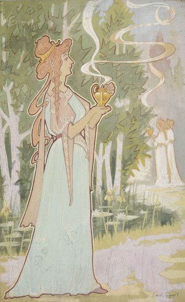 JAMMES, Emile (XXe) WOMAN WITH A CENSER.
Art nouveau illustration, Circa 1898. Close...