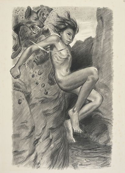 JOUBERT, PIERRE (1910-2002 ) 
MOWGLI poursuivi par les loups se jetant dans une rivière....