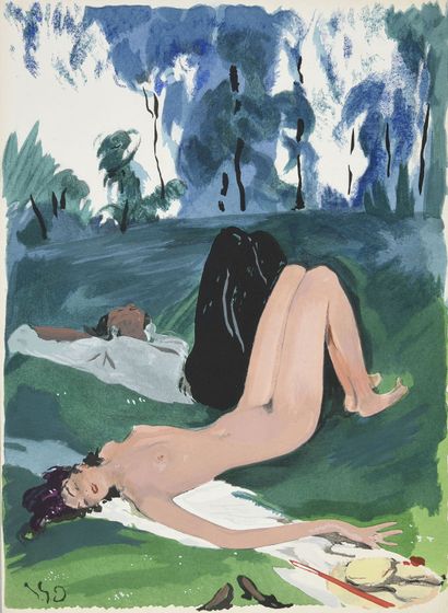 DOMERGUE, JEAN GABRIEL (1889 - 1962) NUDE LITHOGRAPHY LUNCHED IN THE GRASS
Hand watercolored...