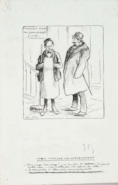 METIVET, LUCIEN(1863-1932) 3 DESSINS DE PRESSE L'élu cherche un appartement. Crayon...