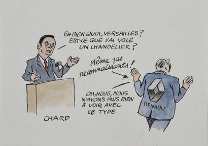 CHARD (Françoise Pichard, 1951) CARLOS GHOSN ET RENAULT.
Encre de Chine et aquarelle...