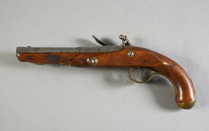  Important pistolet de combat, platine à silex à corps plat signée «Lambert», fût...