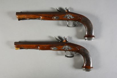null Important pair of officer's flintlock pistols, flat-bodied flintlock locks,...