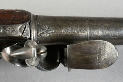 null Pair of Queen Ann flintlock and forced-fire pistols, round barrels with well-punched...