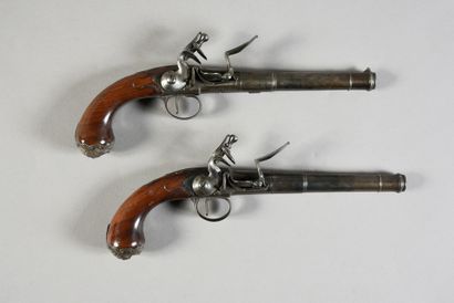null Pair of Queen Ann flintlock and forced-fire pistols, round barrels with well-punched...
