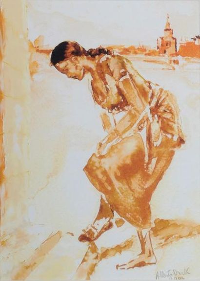 DOUEK Alberto Jeune femme posant son pied sur une marche. Aquarelle sur papier, signée...