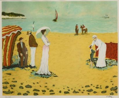 DILLEY Ramon (né en 1933) Elégante sur la plage de Deauville. Lithographie, signée...