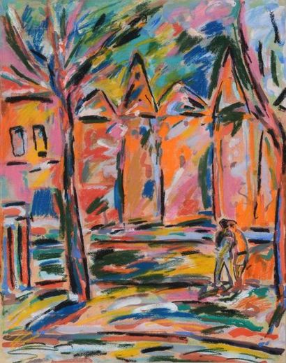 SICILIA José Maria (né en 1954) Vue d'un village avec palmier. Pastel et fusain sur...