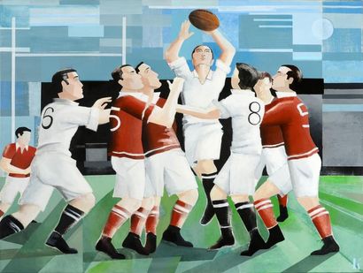 null Acrylique sur toile de Karl Gustavsen (né en 1968). «Le Match de Rugby». Monogrammée...