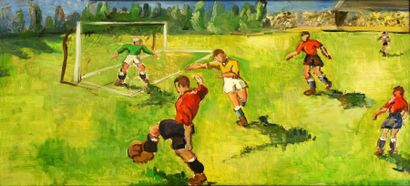 null Huile sur panneau. «Match de Football». Vers 1950. (Anonyme). Dim. 50 x 100...