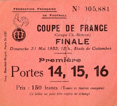 null Billet de la finale de la Coupe de France 1953 entre Lille et Nancy au stade...