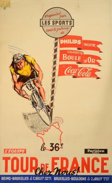 null Affiche du Tour de France 1949 pour son passage en Belgique. Arrivée et départ...