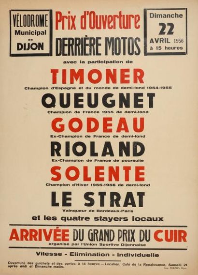 null Affiche vélodrome de Dijon. Prix d'ouverture derrière motos du 22 avril 1956....
