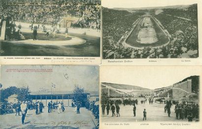 1896 et 1906. Athènes Ensemble de 5 cartes postales, vues du stade et épreuves de...