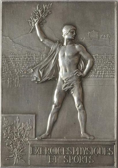 1900. Paris Plaquette officielle «Éducation physique» en bronze argenté. Graveur...