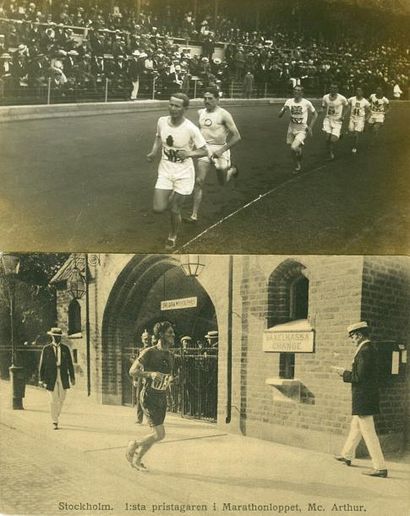 1912. Stockholm 2 Cartes postales dont la finale du 1500 m, opposant Kolehmainen...