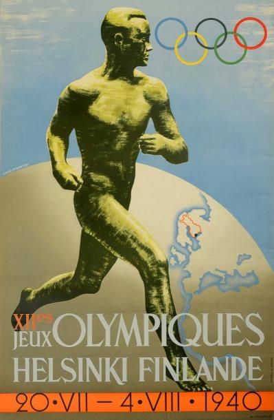 1940. Helsinki Affiche officielle des XIIe Jeux Olympiques en Finlande qui furent...