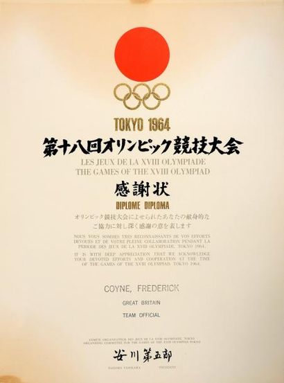 1964. Tokyo Diplôme de la XVIIIème Olympiade d'été attribué à Frederick Coyne officiel...
