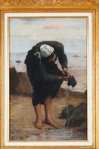Eugène FEYEN (1815-1908) Pêcheuse à marée basse.
Toile marouflée sur panneau et gravure...