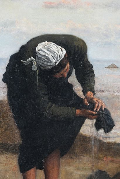 Eugène FEYEN (1815-1908) Pêcheuse à marée basse.
Toile marouflée sur panneau et gravure...