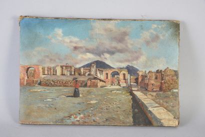 Ecole Italienne du XIXe siècle Elégante en promenade dans les ruines de Herculanum.
Huile...