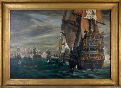 Gustave ALAUX (1887-1965) La Bataille de Beveziers.
Huile sur toile signée en bas...