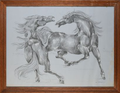 BOLLINGER René (1911-1971) Étude de deux chevaux.
Dessin à l'encre sur papier signé...