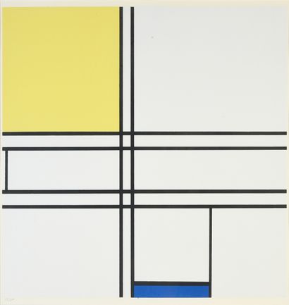 MONDRIAN Piet (1872-1944) Composition en bleu et jaune (1935).
Sérigraphie en couleur...