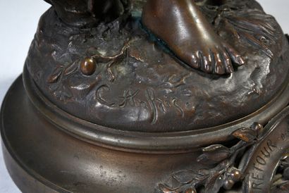 ANFRIE Charles (1833-1905) Retour des cerises.
Statuette en bronze à patine brune,...
