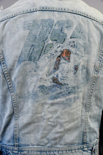 null JOHNNY HALLYDAY : 1 blue jean jacket with inscription on the back " BSA + drawing...