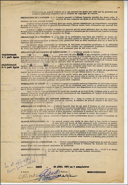 null CLAUDE FRANCOIS : 1 original contract for the musical adaptation of the title...