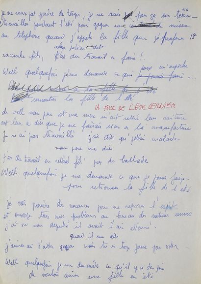 JOHNNY HALLYDAY (1943/2017) : 1 original manuscript of the song "La fille de l'été...