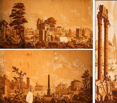 null Campagnes romaines, rare papier peint panoramique, manufacture française, vers...