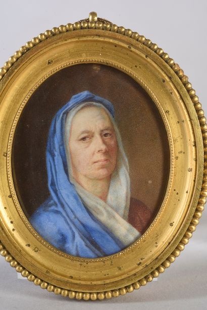 Balthasar DENNER (1685-1749), attribué à Old woman with blue veil
Miniature on ivory
H.:...