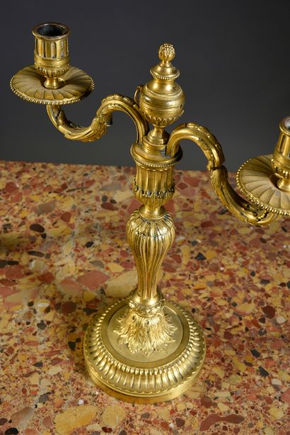 null Pair of chased and gilt bronze candelabras, the round base with friezes of flutes...