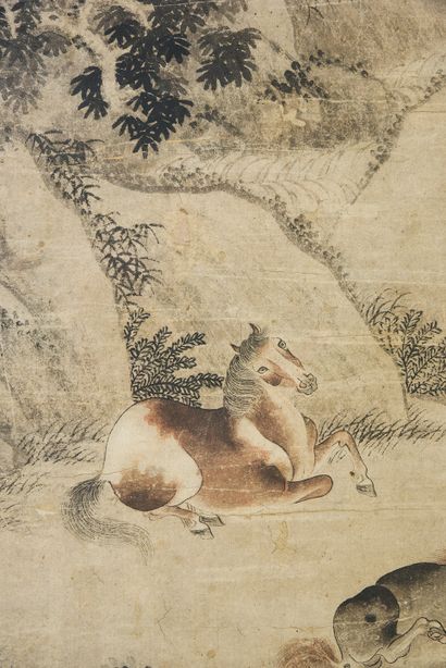 CHINE - XIXe siècle Encre et couleurs sur papier, représentant huit chevaux dans...