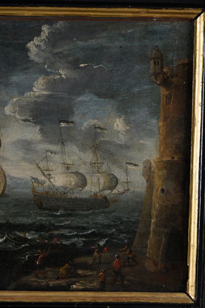Attribué à Matteus van PLATTENBERG (vers 1608 - 1660) Navires sur une mer agitée
Toile...