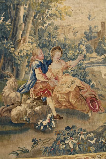 Aubusson Milieu du XVIIIe siècle Pair of tapestries in wool and silk
Scène galante...