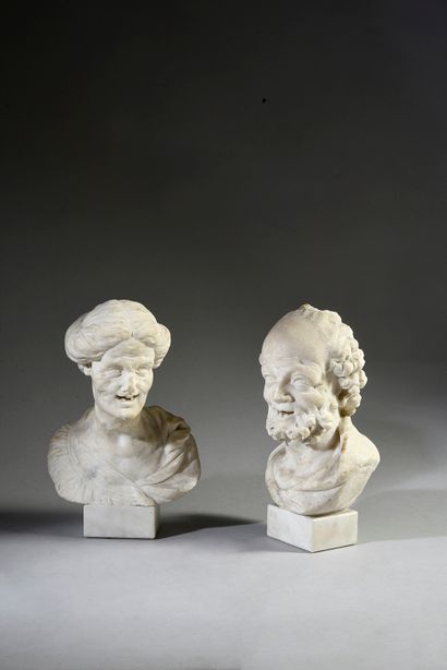 null Paire de bustes en marbre sculpté représentant un couple d'un homme et une femme...
