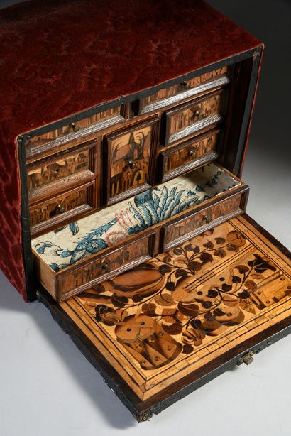 null Cabinet in fruitwood marquetry opening to a flap discovering eight drawers decorated...