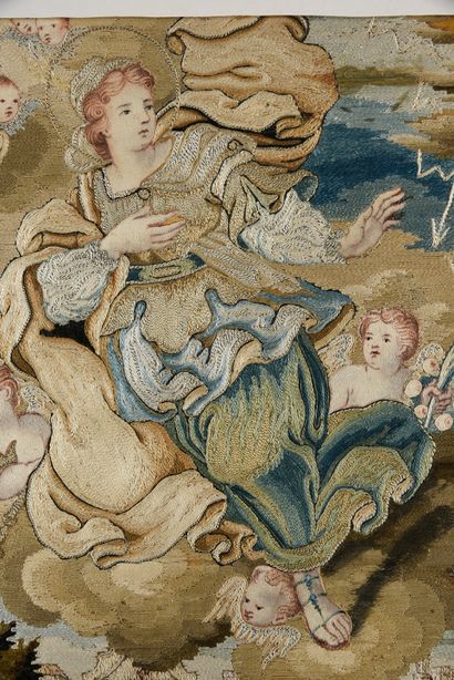 null Sainte Irène, tableau à fils collés, Italie, XVIIIe siècle, fils de soie polychromes...