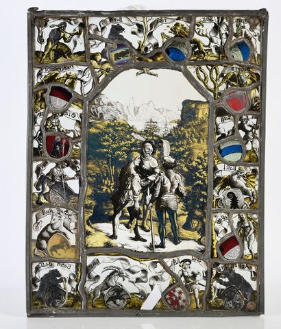 null Stained glass window in silver yellow, red, blue representing a messenger bringing...